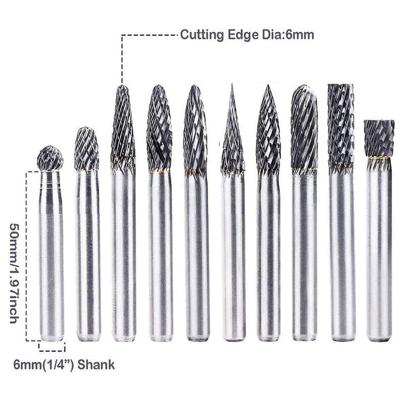 10pc Tungsten Carbide Burr Set 1/4" Shank Double Cut Rotary Cutting Burr Set Die Grinder Bits for Steel Metal Wood Woodworking Carving, Polishing, and Engraving