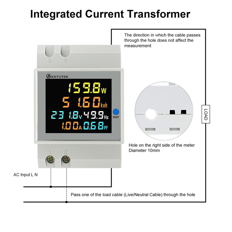 KETOTEK Single Phase Energy Meter Din Rail Electricity Usage Monitor AC 40-300V 100A Voltmeter Ammeter Watt Kwh Frequency Power Meter Built-in CT 110V