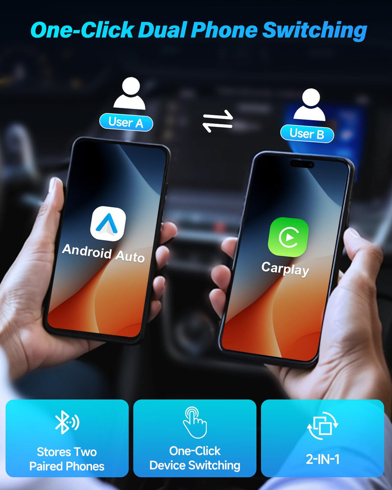 2026 Upgraded 2-in-1 Wireless CarPlay Adapter & Android Auto Dongle Plug & Play Multi-User Device Converts Wired to Wireless Ultra-Low Latency 5.8GHz WiFi Extension Cable for iPhone & Android Gray