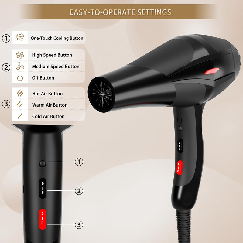 Hair Dryer, 3000W Professional Ionic Hairdryer for Women Men, Fast Drying Blow Dryer with Diffuser 2 Speed 3 Heat Setting and Cool Button for Salon Home Hair Styling Black