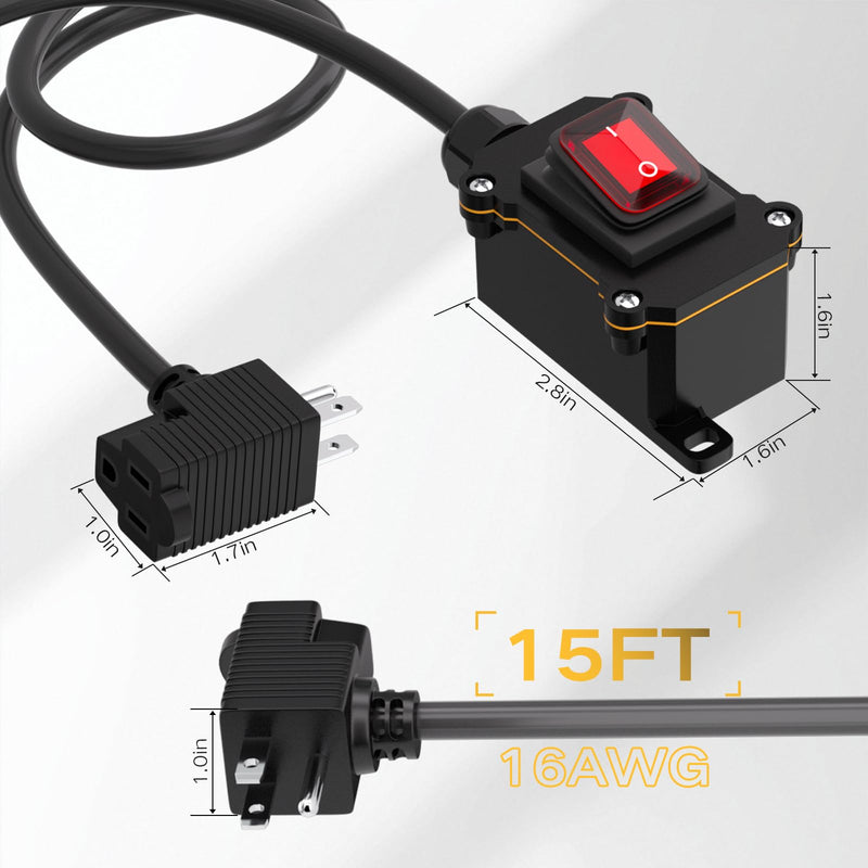 STARELO Extension Cord with on/Off Switch, IP66 Waterproof,Inline Power Switch with 15FT 16AWG Cable Piggyback Plug(3-Pronged), Outdoor Power Switch AC/DC 20A-125V, 16A-250V, Red Light Rocker Button
