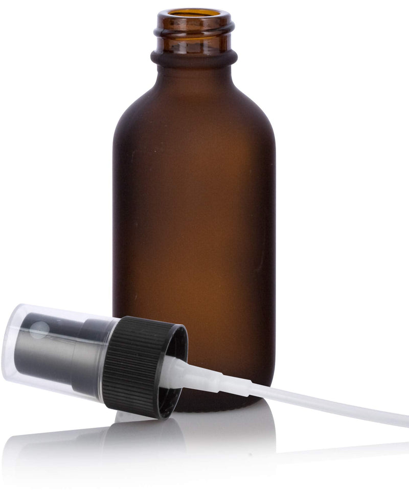 JUVITUS (12 Pack) 2 oz Frosted Amber Glass Boston Round Bottle with Black Fine Mist Spray + Funnel