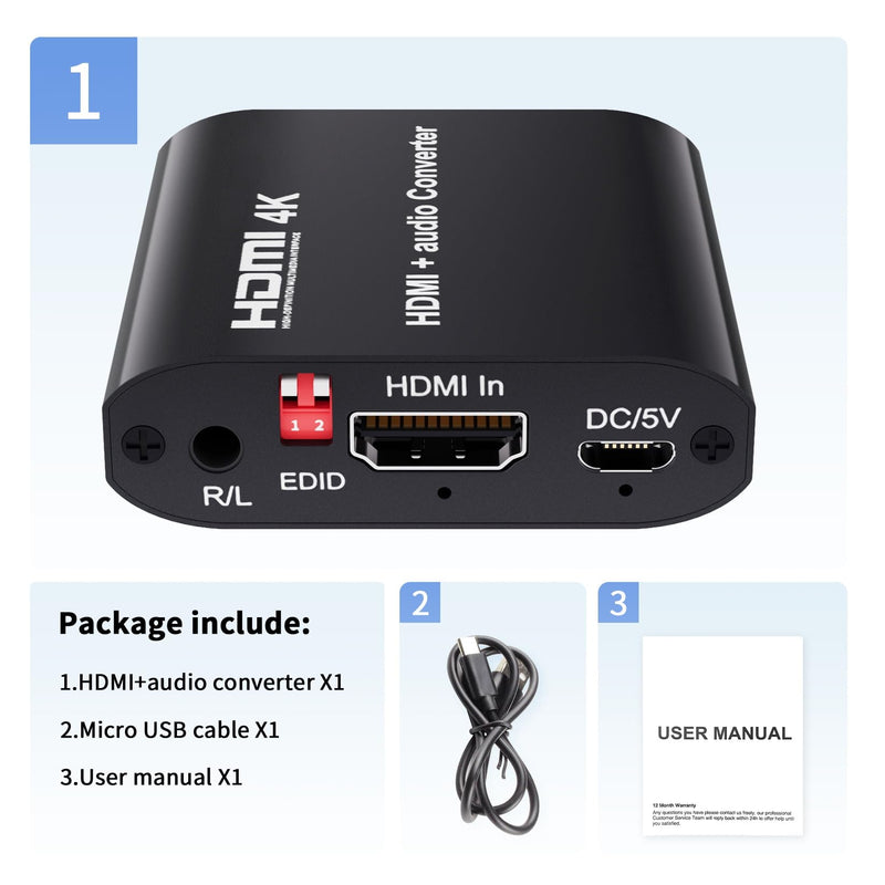 BolAAzuL HDMI Audio Extractor 4K@30Hz, HDMI 1.4 to Optical Toslink & Coaxial SPDIF Audio Converter Adapter - Supports 5.1 CH Audio, EDID Management -Not Support ARC eARC or CEC 4K@30Hz HDMI Audio Extractor