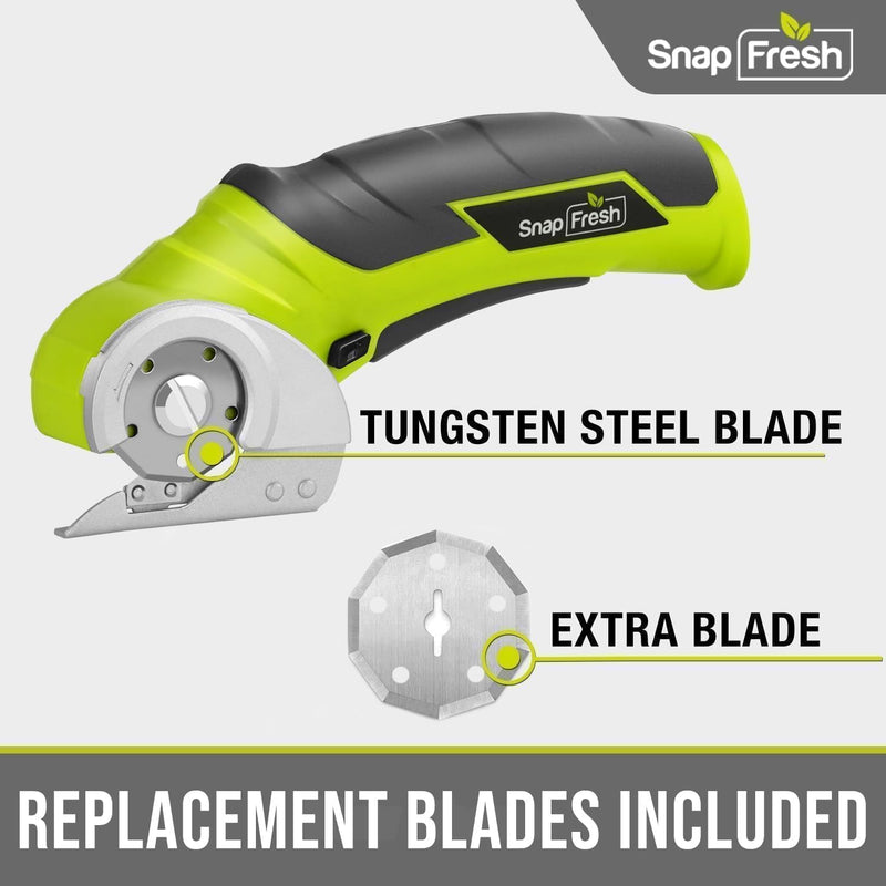SnapFresh Cordless Electric Scissors, 4V Electric Mini Box Cutter, Carpet & Cardboard Cutter Tool with a Replacement Blade/Charger, Rotary Cutter for Cardboard Packages Leather Plastic （Green） Green