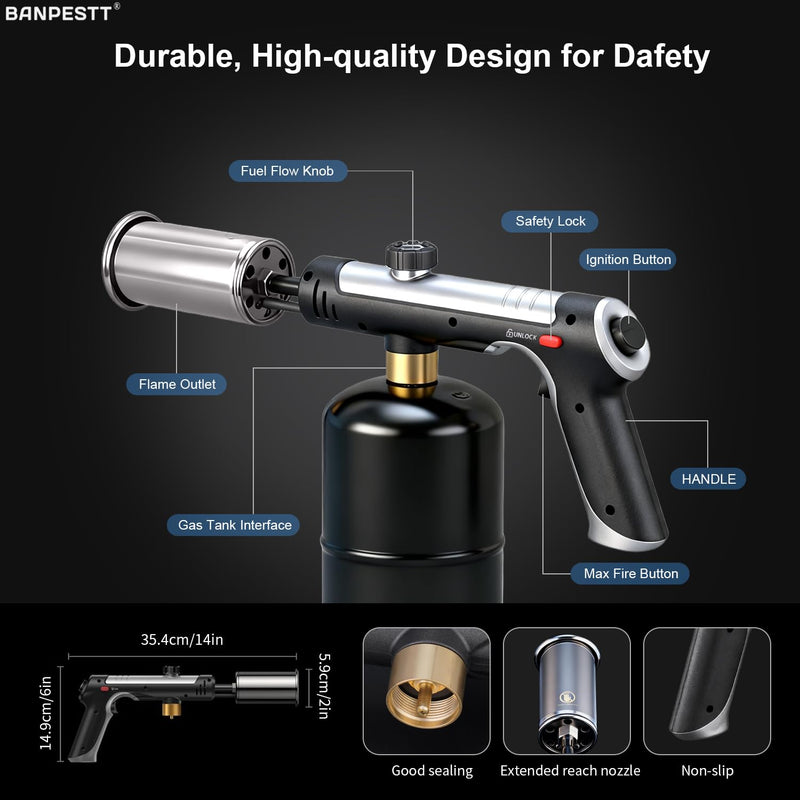 Powerful Propane Torch Gun with One-Tap Max Power & Safety Lock, Adjustable Flame Up to 3,272°F for BBQ, Searing, Camping, Weeding & DIY (Tank Not Included)