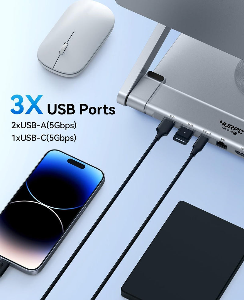 4URPC Laptop Docking Station Stand 4K@60Hz for MacBook Pro/Air M3/M4, Dell/HP/Surface/Lenovo/Chromebook, Laptop USB Hub Stand with HDMI, 3 USB, Ethernet, PD 3.0, Adjustable Dock with 360° Rotate Base