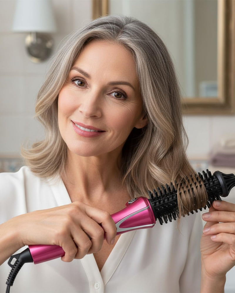 Foldable Travel Hair Curler Brush – Dual Voltage 100-240V Styling Tool with UK Plug, Compact Hot Brush for Short Hair, Quick Heat-Up, Easy to Use & Travel-Friendly Rose