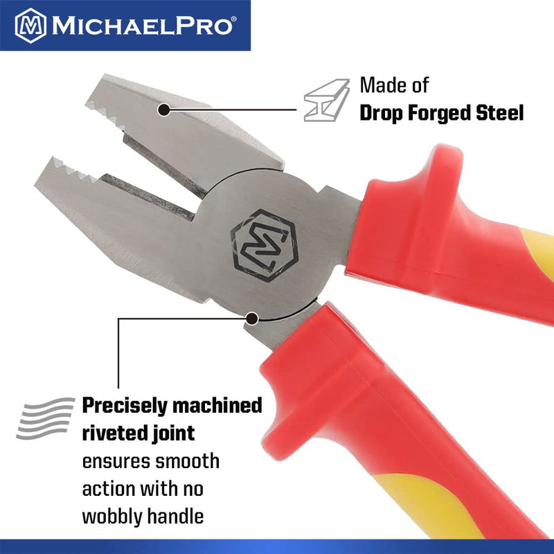 MichaelPro 8-Inch Insulated Combination Pliers, 1000V VDE Certified for Electricians and Electrical Vehicles Use, HRC58–62 Jaws, Anti-Slip Handle, Electrical Tool for Cutting and Gripping | MP003066