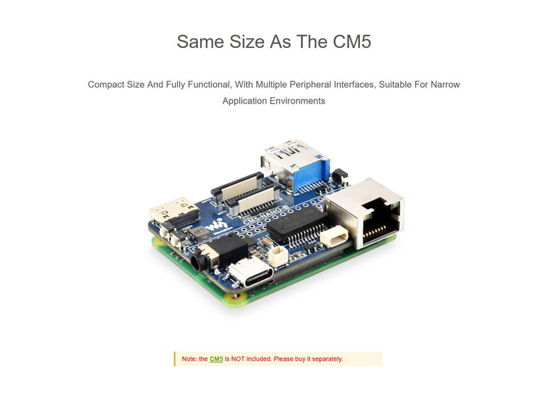 Nano Base Board for Raspberry Pi Compute Module 5 Lite/eMMC Series Board, Same Size as CM5, with CM5 Socket/40PIN GPIO Header/RJ45 Gigabit Eth/16PIN PCIe/HDMI/USB 3.2/Audio/MIPI Interface etc.