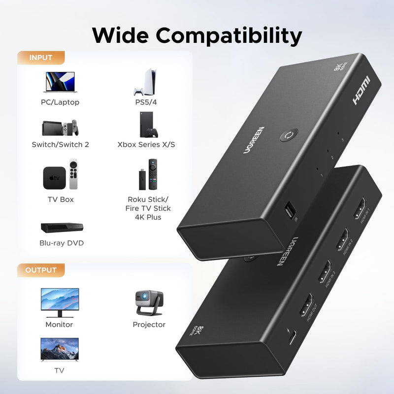 UGREEN 8K@60Hz HDMI 2.1 Switch 3 in 1 Out, with Remote, VRR, 4K@240Hz | Ultra HD, Support G-Sync, Free Sync, HDR10+ HDCP 2.3, HDMI Splitter, Compatible with PS4/PS5, Xbox, Switch, Roku, Fire Stick