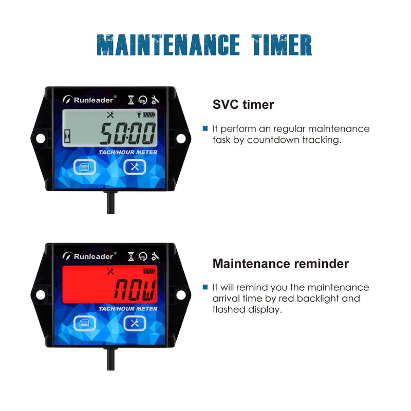 Runleader Digital Hour Meter Tachometer Gauge RPM Alert Backlights Display Battery Replaceable for 2/4 Stroke Small Gas Engine Used on Lawn Mower Generator Outboard Motor ATV Snowmobile Chainsaw