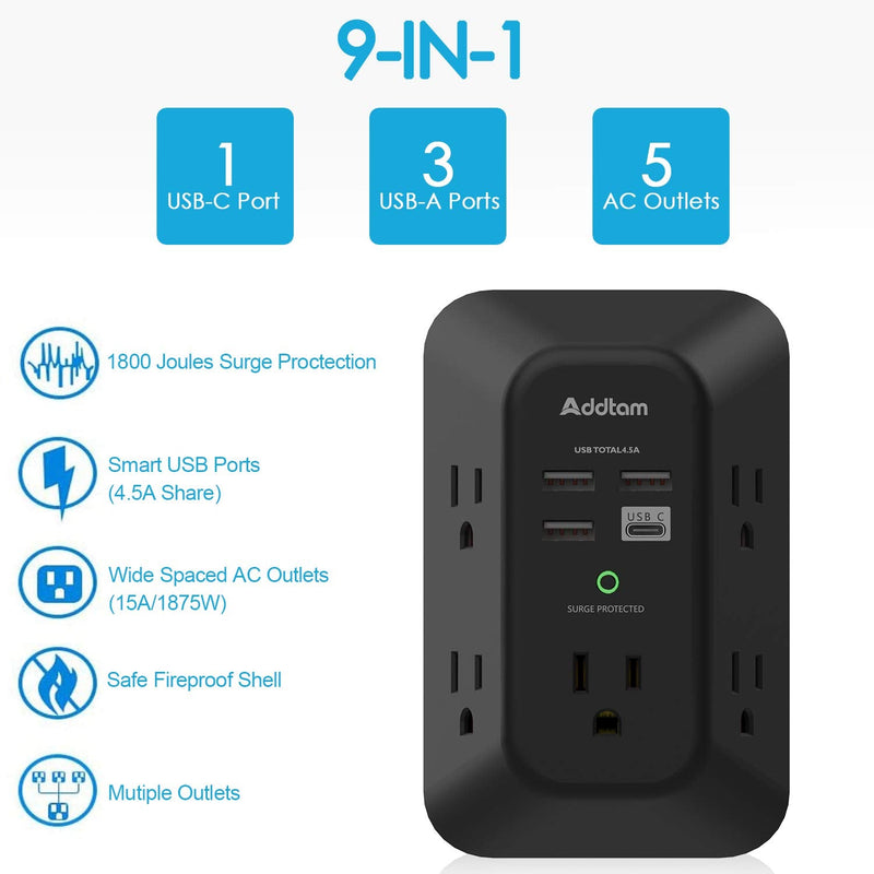 USB Wall Charger Surge Protector - Addtam 5 Outlet Extender with 4 USB Charging Ports (1 USB C), 3-Sided 1800J Power Strip Multi Plug Outlets Adapter Widely Spaced,Black 1C3A