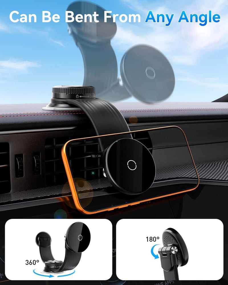 15W Magnetic Wireless Car Charger Mount, Flexible Bendable Aluminum Arm [360° Adjustable], Upgraded Adhesive Suction Cup Base, Dashboard Windshield Fast Charging Phone Holder for iPhone 17 Wireless Charging Holder