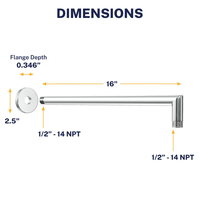 HammerHead Showers® Solid Metal 16 Inch Extended Shower Arm and Flange with Set Screw, Long Shower Arm, Extends Rain Shower Overhead, Wall-Mounted Rain Shower Arm, Chrome