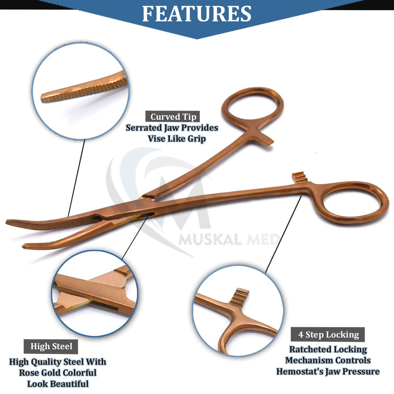Set of 2 Curved & Straight 6.25" Hemostat Set (Rose Gold) - Stainless Steel Locking Tweezer Clamps - Ideal Hemostats for Nurses, Fishing Forceps, Crafts and Hobby