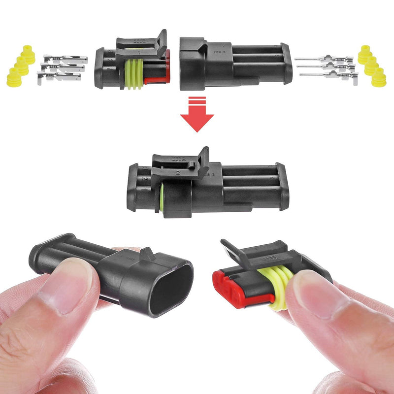 10 Kit 3 Pin Connector, 20-16 AWG Waterproof Electrical Automotive Wire Connector, 1.5mm Series Terminals Male Female Car Connectors Plug Sets 10PCS 3-Pin