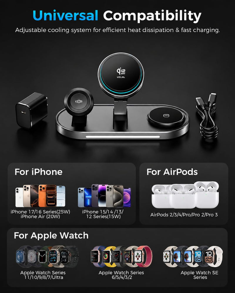 25W 3 in 1 Wireless Charging Station for Qi2.2 Magsafe Charger for Apple | for iPhone 17 16 15 14 Pro Max,Apple Watch,Airpods,Foldable Charging Stand, Cooling Fan, Multi Device Charging, Travel, Black