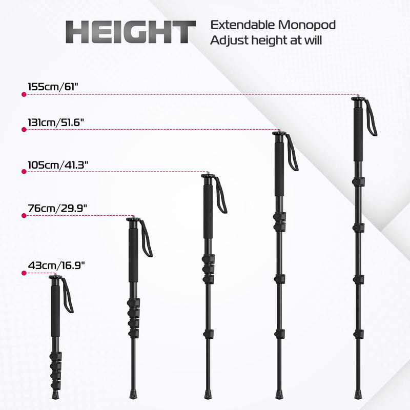 ULANZI TB12 Camera Monopod, 61" Aluminum Photography Monopod with 5-Section Height, Lightweight & Portable Camera Accessories, for Cameras Canon, Nikon & Sony Mirrorless & DSLR, Easy to Carry TB12 Monopod