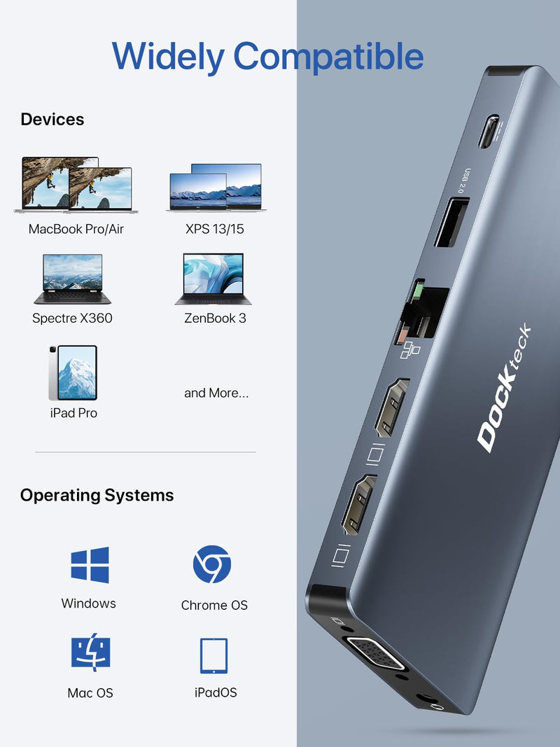 USB C Docking Station, dockteck 12 in 1 USB C Hub Adapter with 2 HDMI 4K, VGA, Ethernet, 4 USB-A Ports, Audio, 100W PD, SD/TF Card Reader for MacBook Pro Air, XPS, Surface 12 IN 1 Space Grey