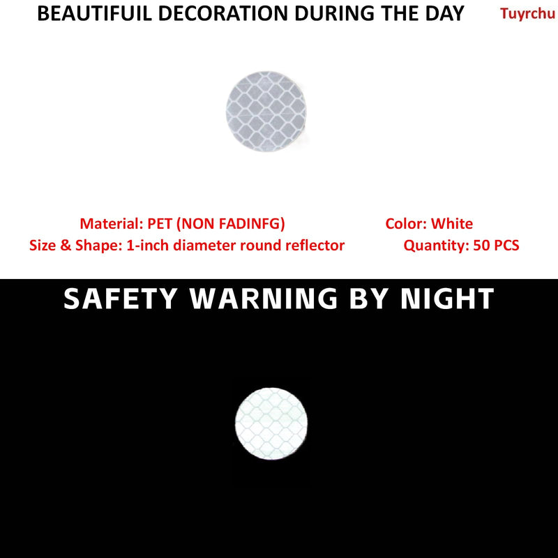 Non Fading White Reflective Stickers 1-inch Diameter Round Reflector, Outdoor Waterproof High Visibility Warning Adhesive Tape (50 Pcs) PET material - White 50
