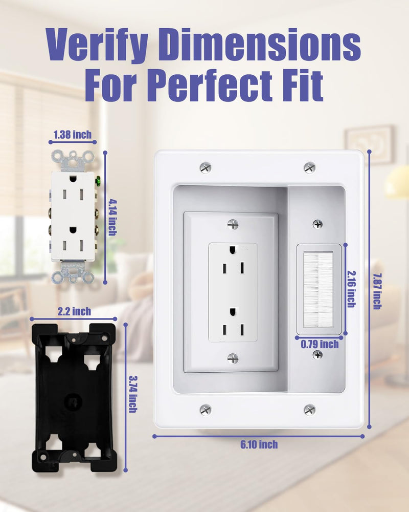 Wall Cable Concealer Kit, Upgraded Recessed TV Outlet Box-Two-Hole Socket with Cable Management Box, Hider in Wall Cable Management Kit Safe Hide Power Cables & Low Voltage Wires Fits All Plugs
