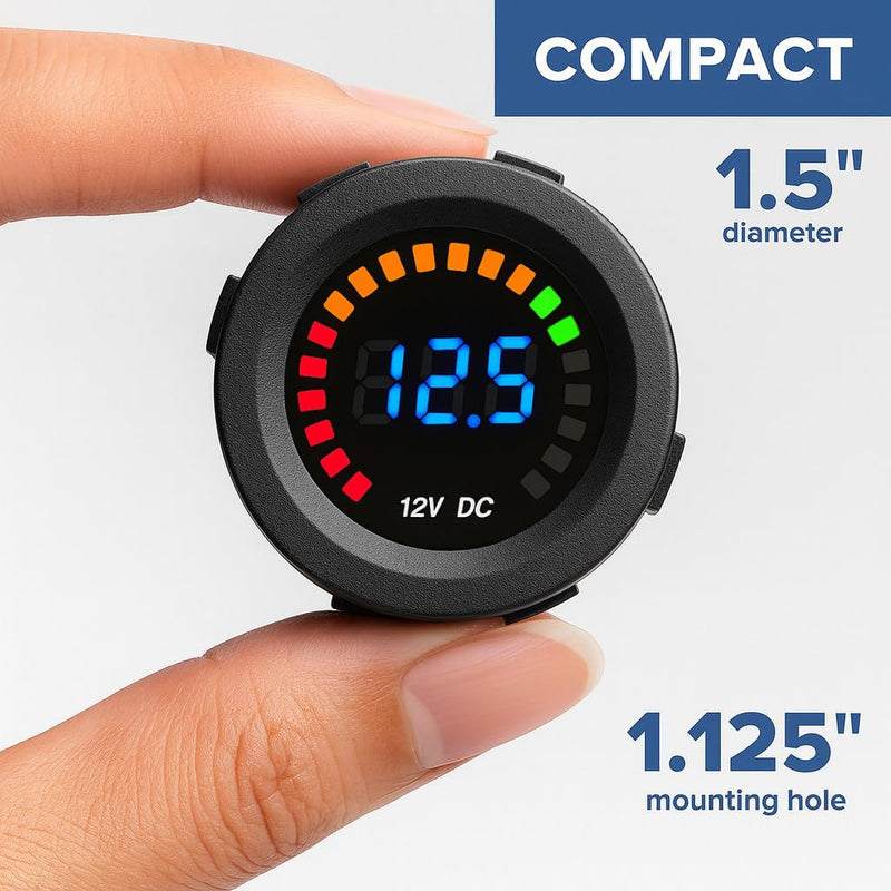 MGI SpeedWare 12vDC Voltmeter Gauge with Blue LED Digital Display (Short Body) 12V Short Body