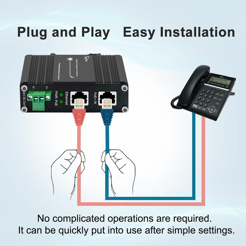 Industrial Gigabit 30W PoE+ Splitter IEEE802.3at/af 24V DC Output with Terminal Block, 10/100/1000Mbps, -40~80°C Power Supply for Security Cameras, Access Control Systems 30W PoE Input 24V DC Out