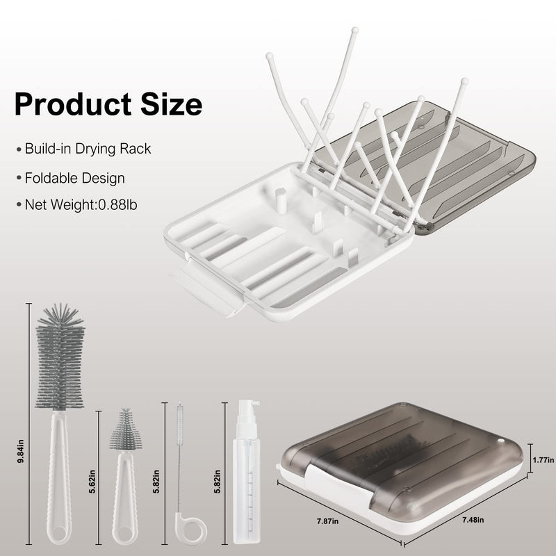 Baby Bottle Brush,6 in 1 Bottle Cleaner Set with Extendable Silicone Bottle Brush,Drying Rack,Nipple & Straw Brushes,Soap Dispenser & Organizer Case,Ideal Gifts for Babies& Moms White