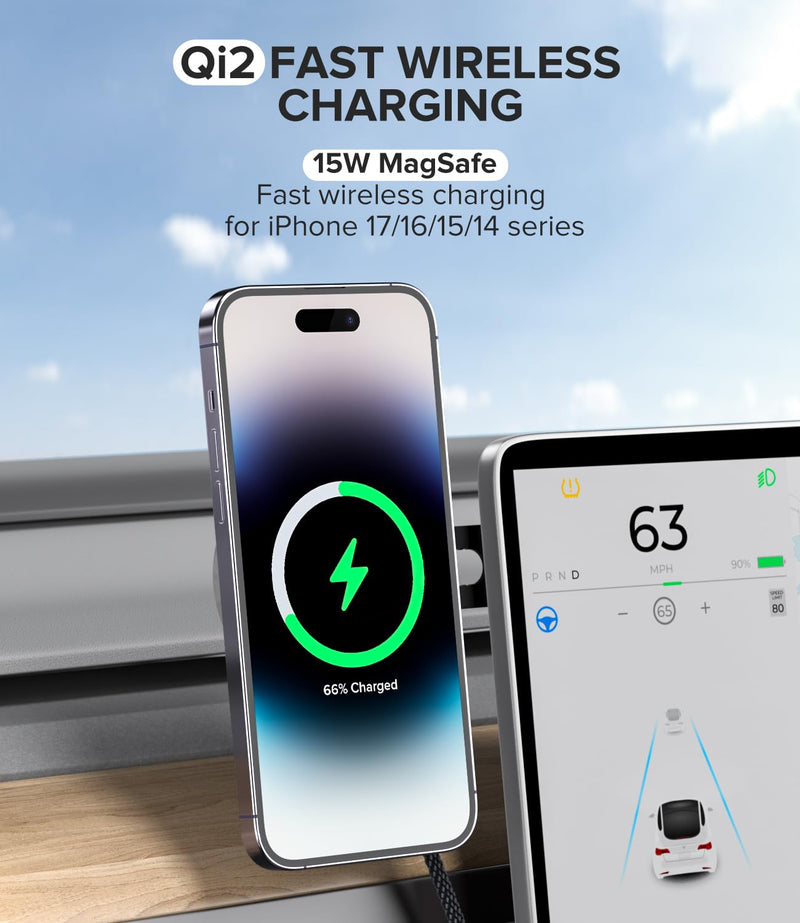 ZIKE MagSafe Car Mount Charger, Qi2 Certified 15W Magnetic Charger | Tesla Model 3/Y, 360° adjustable Car Phone Holder, Wireless Charging Station for iPhone 17/16/15/14