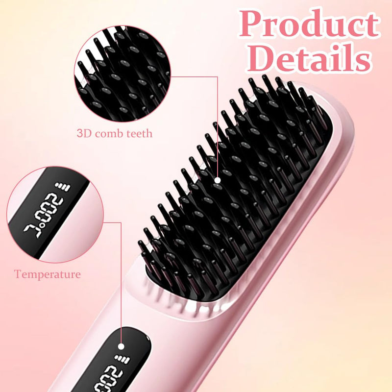Glow Wave Heated Brush, 2026 Cordless Heated Brush for Short Hair, 3 Heat Settings & LED Screen, Portable & Rechargeable Heated Styling Brushes for Frizz-Free Styling, Travel & Everyday Use