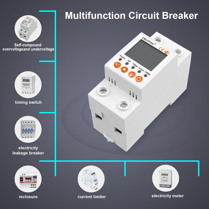 WiFi Circuit Breaker Smart Miniature Circuit Breaker - Single Phase AC85-300V 63A, Din Rail Mount, for Leakage, Over/Under Voltage and Over Current Protection (Top Input, Bottom Output) White (Top Input, Bottom Output)