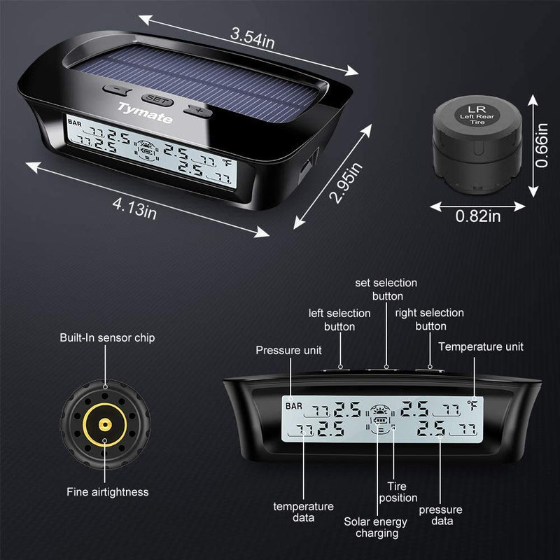 Tymate RV Tire Pressure Monitoring System - M12-3 Tire Pressure Monitor System (0-87 PSI) with Solar Charge, 5 Alarm Modes, Auto Sleep Mode, LCD Display, RV TPMS with 4 Sensors, Easy to Install 4-Sensors