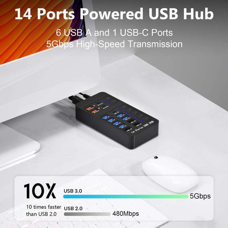 Powered USB Hub, 14 Ports USB Splitter Hub (10 Faster Data Transfer Ports+ 4 Smart USB Charging Port) USB Hub with LED Individual On/Off Switches for PC, Laptop, Desktop