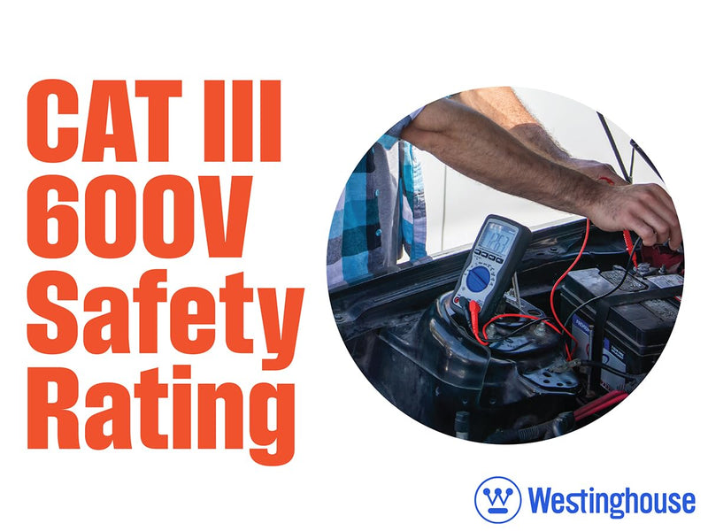 Westinghouse 600V True RMS Auto-Ranging Multimeter with Large Screen and Relative Mode; Measures Voltage Current Resistance Capacitance Frequency Temperature; Incl. Case and 2-Year Warranty. 600V L Screen