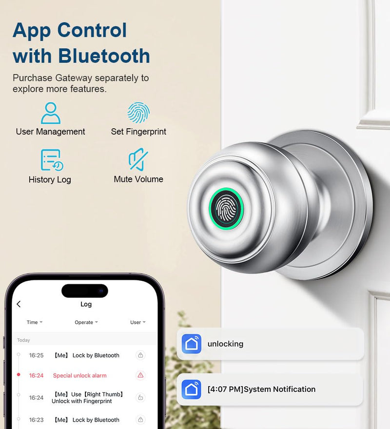 KLLOQUE Fingerprint Door Lock, Smart Fingerprint Door Knob with Lock, Biometric Door Locks with App Control & Key, Keyless Thumbprint Entry Door Locks for Bedroom, Front Door, Home, Apartment-Silver With App-Silver