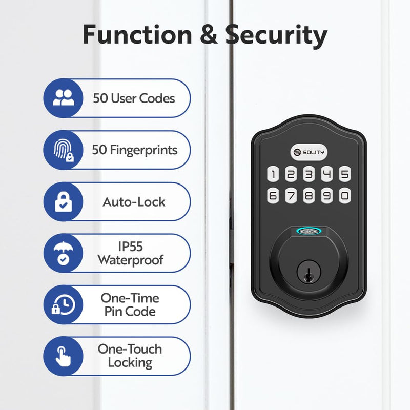 Solity Smart Digital Electronic Deadbolt Door Lock, Keyless Entry, Auto Lock, 50 Custom Codes & Fingerprints, Easy Installation, Keypad for Front & Back Door, AT10 Matte Black Matt Black
