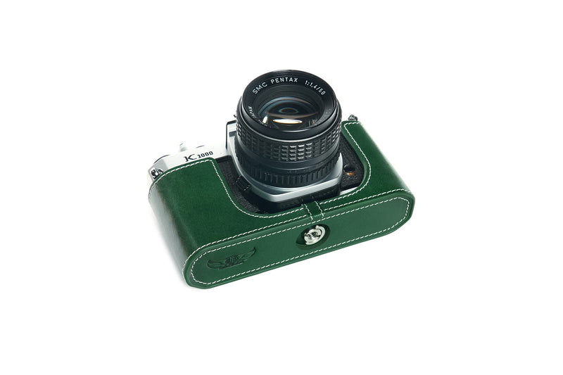 K1000 Case, BolinUS Handmade Genuine Real Leather Half Camera Case Bag Cover for Pentax Asahi K1000 Camera With Hand Strap (Green) Green