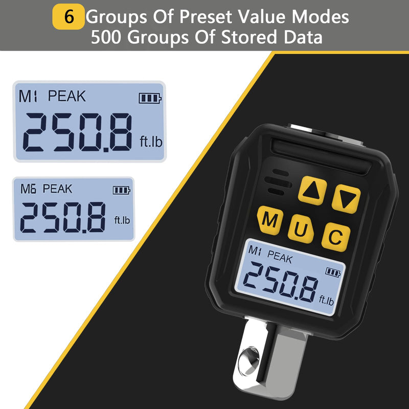 1/2” Drive Digital Torque Adapter, 12.54-250.8 Ft-lb/17-340 Nm Digital Torque Adapter Set with 3/8" and 1/4" Adapters, Buzzer & LED Flash Notification for Motorcycle Car Repair 1/2-Inch 12.54-250.8Ft.lb/17-340Nm