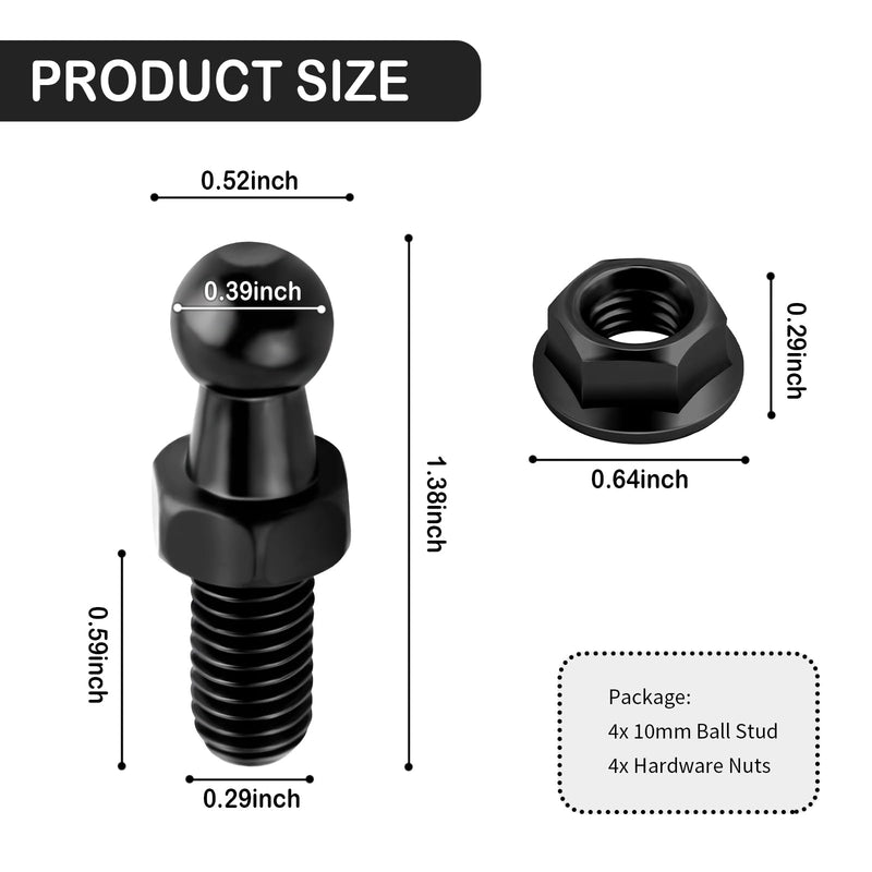 4PCS 10mm Ball Stud with Hardware Nuts,Carbon Steel Gas Spring Strut Studs 5/16-18 Thread x 3/5" Long Shank for Gas Struts Lift Supports,Sturdy Car Accessories Gas Strut Mount Studs (Black) Black