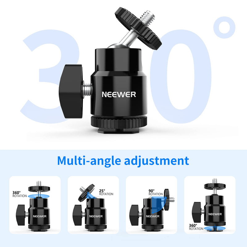 NEEWER Mini Ball Head with Cold Shoe & 1/4” Screw, 2 Pack, 360° Swivel 90° Tilt Ballhead Camera Mount Hot Shoe Adapter for Camera, Camcorder, Smartphone, LED Video Light, Microphone, Ring Light, ST17