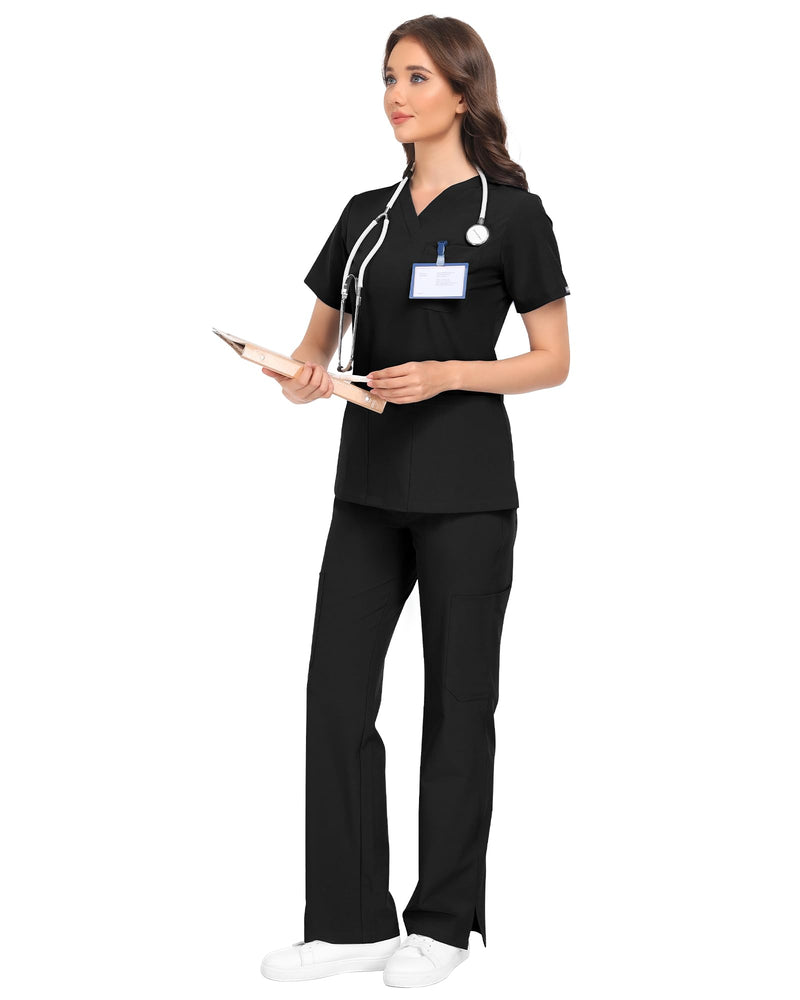 COMENII Scrubs for Women Set, V-Neck Top & Straight Leg Pants with 11 Pockets, Stretch Comfortable Womens Scrub Sets Regular 30" Medium Black