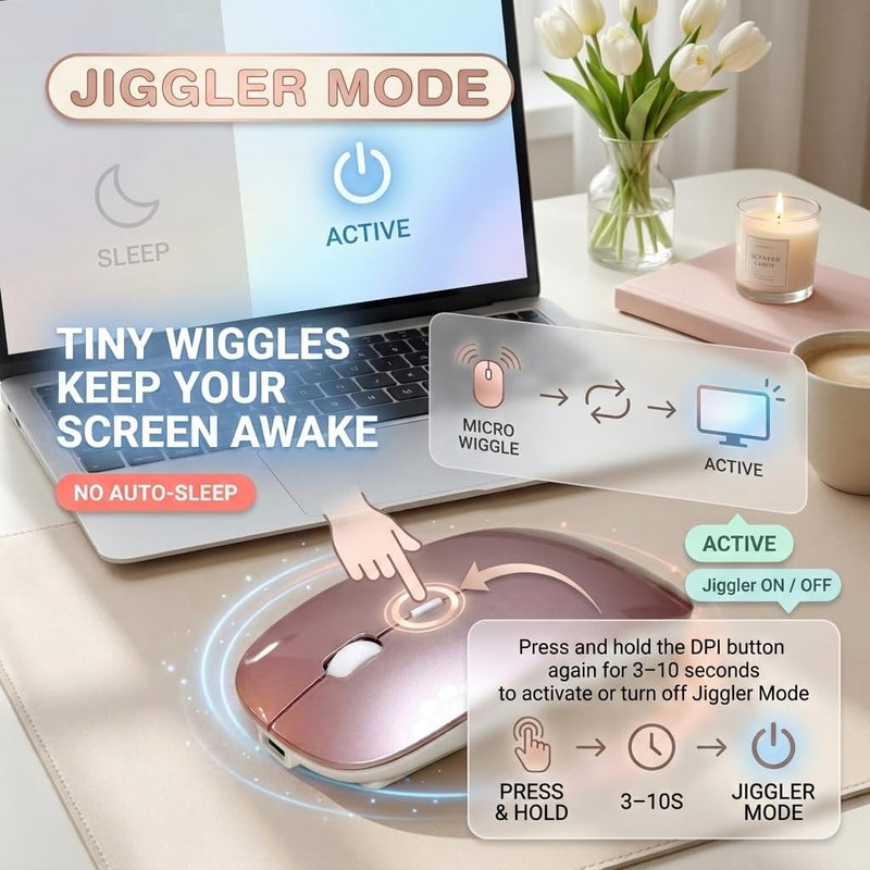 Wireless Bluetooth Mouse for Mac Air MacBook Pro Laptop PC Pad Optical Rechargeable Silent Mouse with Jiggler Mode Dual Mode Switch Bluetooth 5.2/3.0 and 2.4G USB-A & USB-C Receiver Rose Gold RoseGold Portable