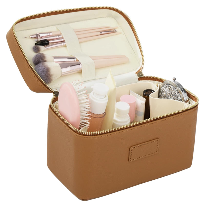 OMISTAR Makeup Vanity Bag for Women - Large Capacity Cosmetic Organizer with Removable Liner, Waterproof PU Leather Skincare Bag, Portable Chic Cosmetic Make Up Case for Skincare, Accessories, Brown