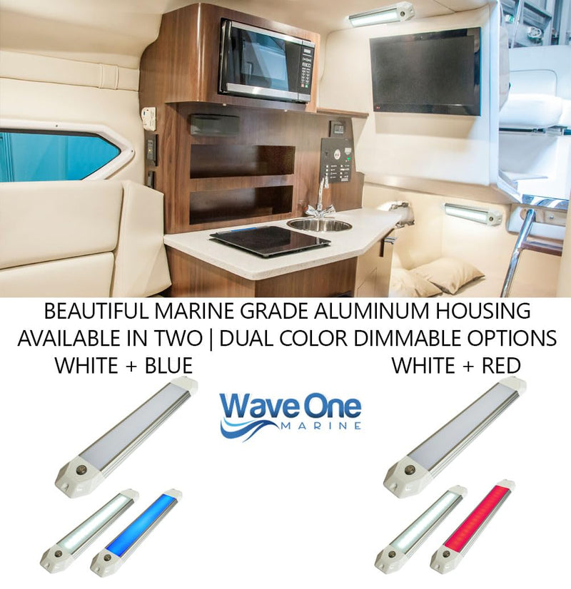 Wave One Marine 12" Dual Color Dimmable Dome Boat Light | 12V Volt RV Aluminum Housing Touch Dimmer Switch | IP67 Waterproof Interior Exterior (White | Red) White | Red