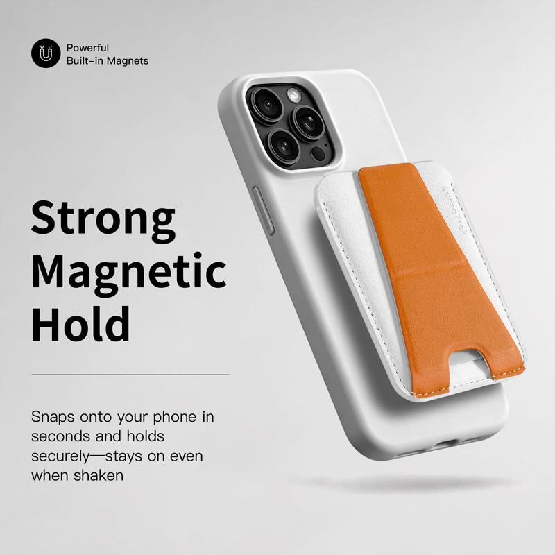 Tap & Go MagSafe Wallet Stand, 1-Card Magnetic Phone Wallet | with Grip, NFC-Friendly Slim Vegan Leather Card Holder, 3 Viewing Modes for iPhone 17/16/15/14/13/12, Black White/Orange