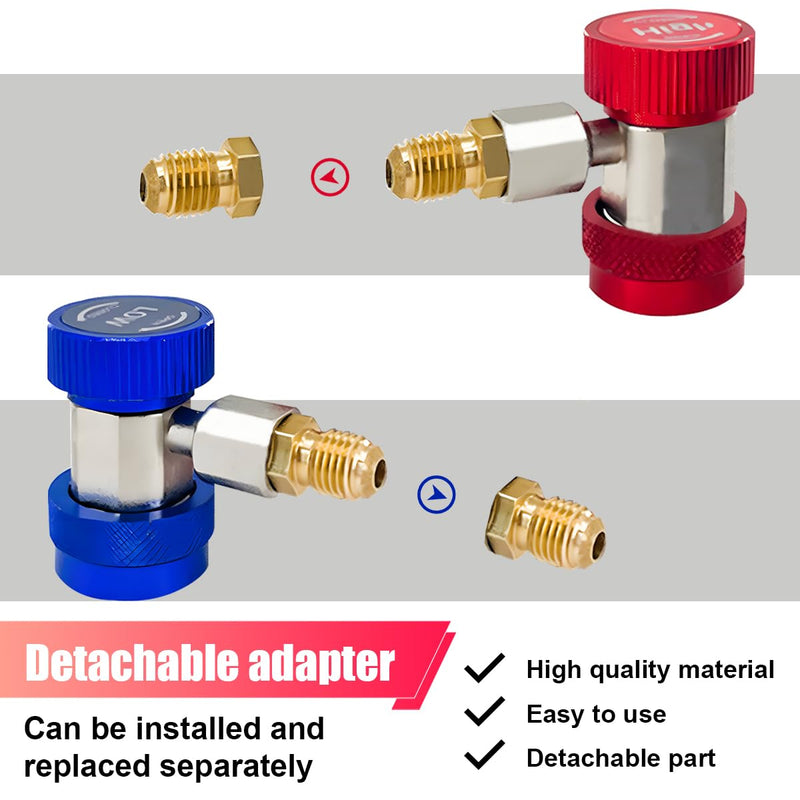2PCS R134a Quick Coupler Adapter – Adjustable 1/4" Flare High/Low-Pressure Connectors for Car AC System Recharging and Evacuation, Automotive R134a Refrigerant Adapter Hose Fittings Kit