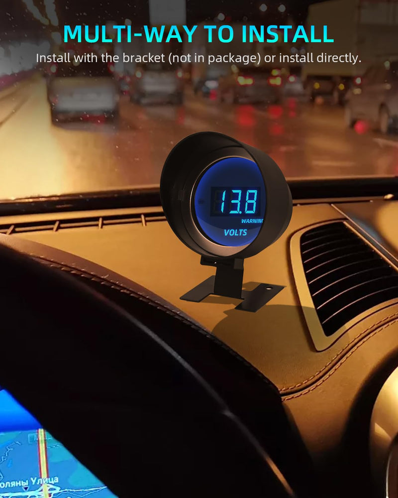 DC 12V Car Voltage Gauge, Safpovel 8-18V 2inches 52mm Blue Digital LED Display Voltmeter with Alarm, Universal Waterpoof Volt Meter Panel Kit for Marine Car Truck Boat Automotive Vehicles 1P