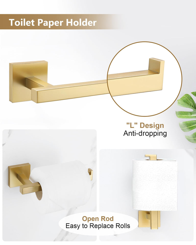 Brushed Gold Bathroom Hardware Set 4 Pieces, Toilet Paper Holder Set SUS304 Stainless Steel Bath Hand Towel Ring for Bathroom Hardware Accessories Set Wall Mounted Brushed Gold