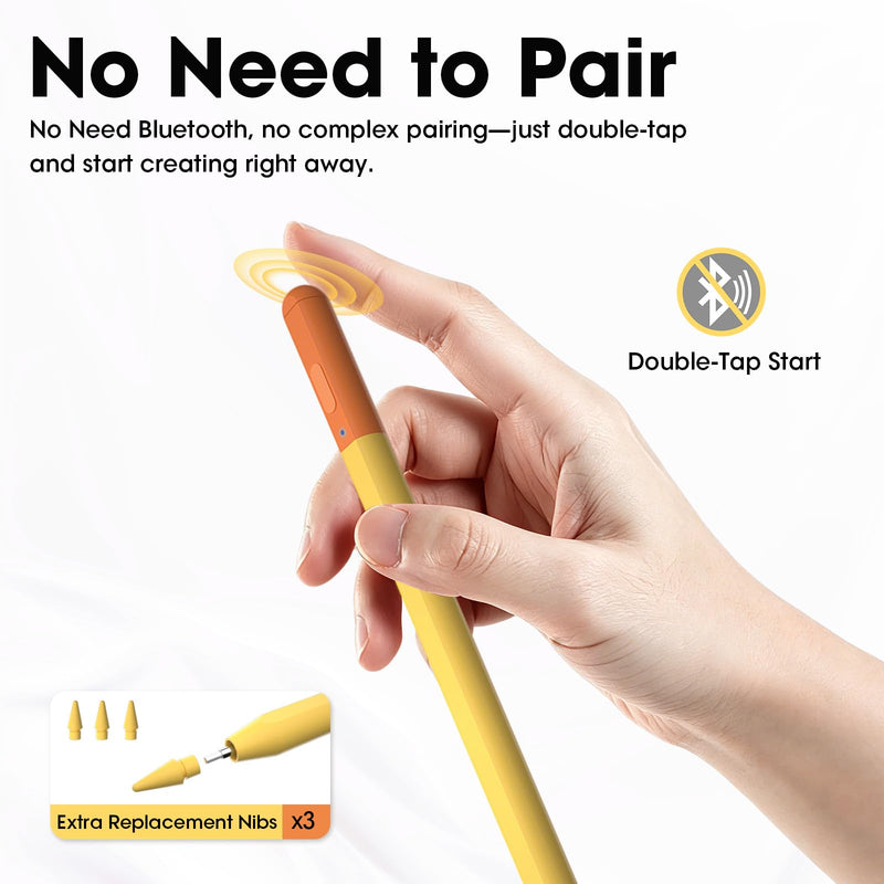 Stylus Pen for iPad 2018-2026, 15-Min Fast Charging with LED Battery Indicator, Palm Rejection, Tilt Sensitivity, Magnetic Pencil for iPad 6th-11th Gen, Air M4/M3/M2, Pro M5/M4, Mini 7/6/5, Yellow