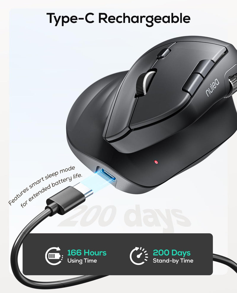 Nulea Ergonomic Vertical Wireless Mouse with Horizontal Scroll Wheel | Bluetooth And 2.4G Rechargeable Mouse With 6 Buttons, 3 Device Switching, Long Battery Life For PC And Mac